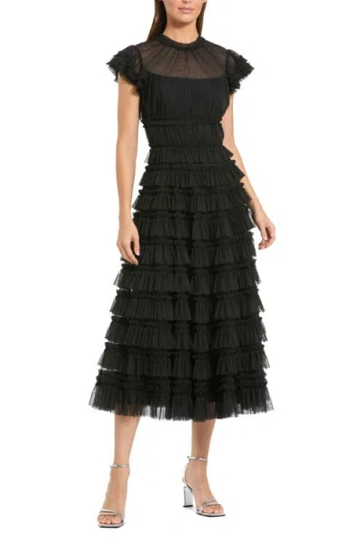 Mac Duggal Solid Mesh Dot Micro Ruffle High Neck Midi Dress In Black
