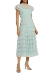 Mac Duggal Solid Mesh Dot Micro Ruffle High Neck Midi Dress In Mint