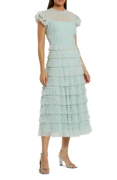 Mac Duggal Solid Mesh Dot Micro Ruffle High Neck Midi Dress In Mint