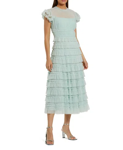 MAC DUGGAL SOLID MESH DOT MICRO RUFFLE HIGH NECK MIDI DRESS