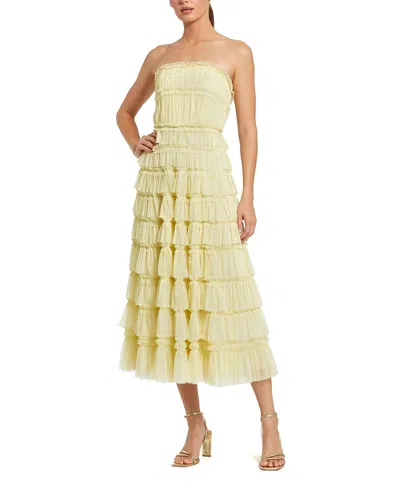Mac Duggal Solid Mesh Dot Micro Ruffle Strapless Midi Dress In Buttercup
