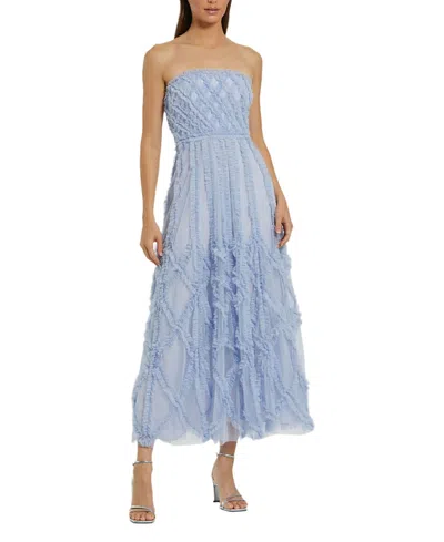 Mac Duggal Solid Mesh Dotted Ruffle Strapless Dress In Periwinkle