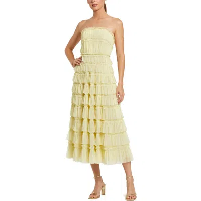 MAC DUGGAL MAC DUGGAL SOLID MESH MICRO RUFFLE STRAPLESS MIDI DRESS