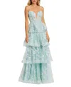 Mac Duggal Spaghetti Strap Applique Tiered Ruffle Gown In Mint
