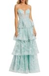 Mac Duggal Spaghetti Strap Applique Tiered Ruffle Gown In Mint