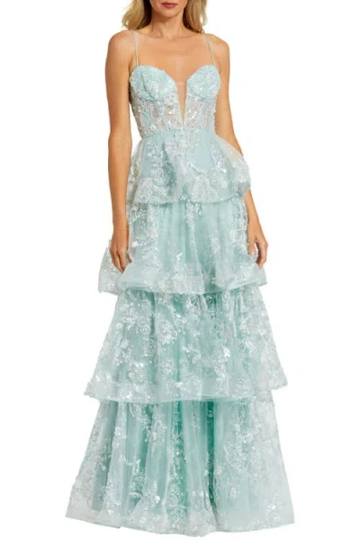 MAC DUGGAL MAC DUGGAL SPAGHETTI STRAP APPLIQUE TIERED RUFFLE GOWN