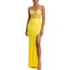Mac Duggal Spaghetti Strap Beaded Sheer Bodice Gown With Slit In Lemon