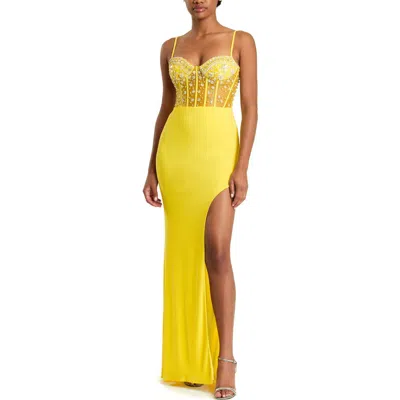 Mac Duggal Spaghetti Strap Beaded Sheer Bodice Gown With Slit In Lemon