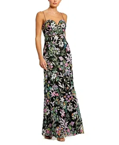 Mac Duggal Spaghetti Strap Bustier Embroidered Applique Gown In Black Multi