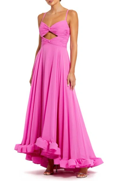 Mac Duggal Spaghetti Strap Chiffon Sweetheart High Low Gown In Candy Pink