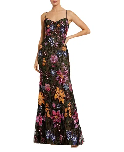 Mac Duggal Spaghetti Strap Floral Embroidered Gown In Multi