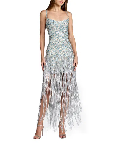 Mac Duggal Spaghetti Strap Sequin Fringe Mesh Column Gown In Black