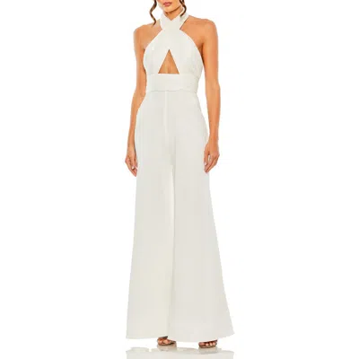 Mac Duggal Sparkling Halter Jumpsuit With Keyhole Neckline And Open Back In White