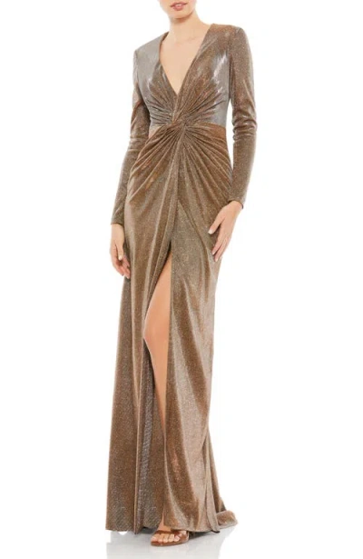 Mac Duggal Sparkling Metallic Front Twist V Neck Long Sleeve Gown In Bronze
