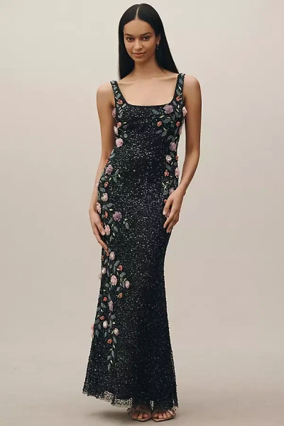 Mac Duggal Square-neck Floral Beaded Maxi Dress In Black