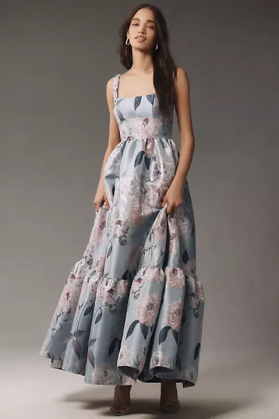 Mac Duggal Square-neck Floral Printed Satin Maxi Dress In Blue