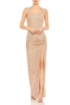 Mac Duggal Square Sequin Halter Strap With Low Side Knot Detail Evening Gown In Nude