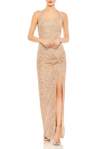 Mac Duggal Sequined Halter Strap Low Side Knot Gown In Rose Gold