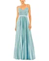 Mac Duggal Pleated Satin Charmeuse Dress With Surplice Neckline In Blue
