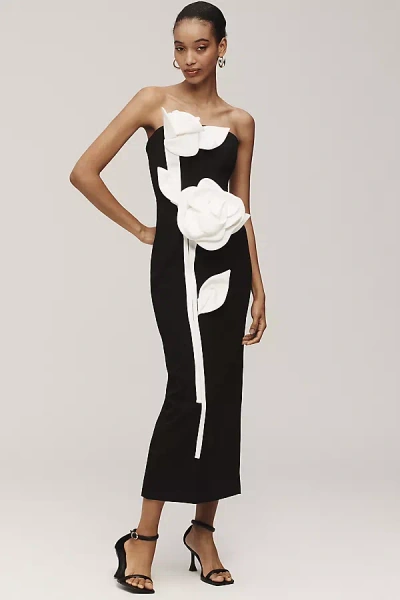Mac Duggal Strapless 3d Floral Maxi Dress In Black