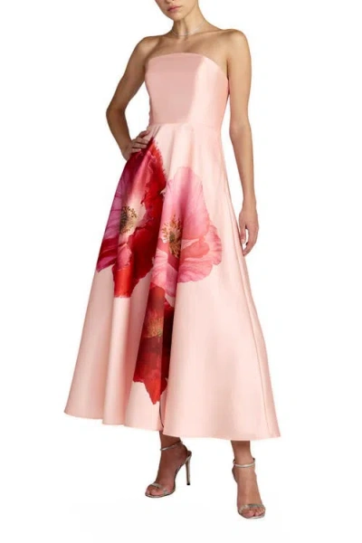 Mac Duggal Strapless A Line Midi Dress With Flower Print In Pink