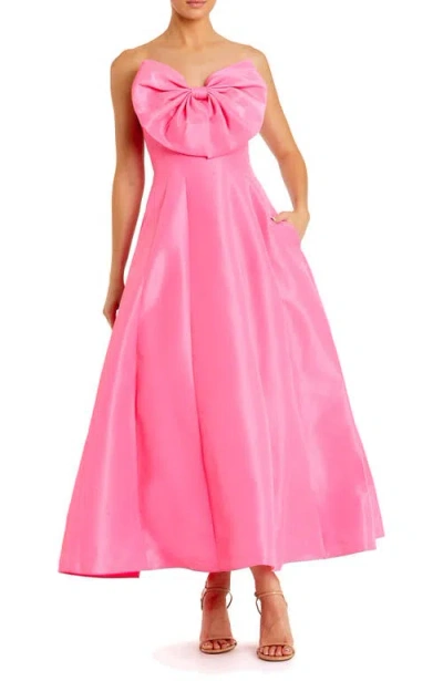 Mac Duggal Strapless A-line Tea Length Statement Bow Midi Dress In Candy Pink