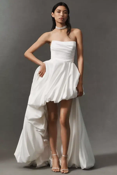 Mac Duggal Strapless Asymmetrical Satin Bubble Maxi Dress In White
