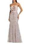 Mac Duggal Strapless Beaded Applique Mermaid Gown With Flower In Neutral