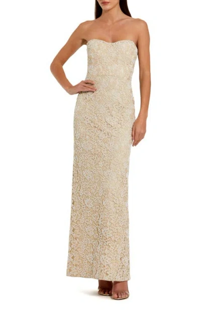 Mac Duggal Strapless Beaded Lace Fitted Column Gown In Beige