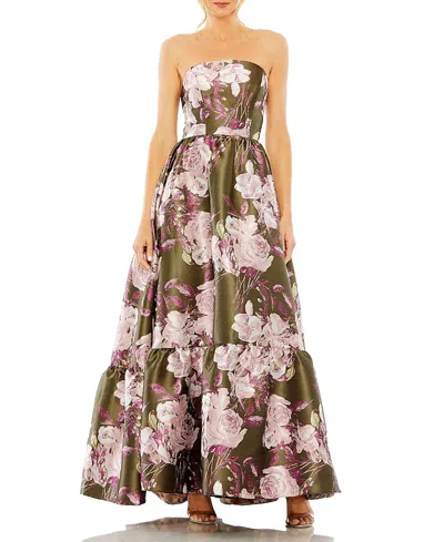 MAC DUGGAL STRAPLESS BOTTOM RUFFLE FLORAL GOWN
