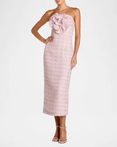 Mac Duggal Boucle Strapless Midi Dress With 3d Flower In Pink