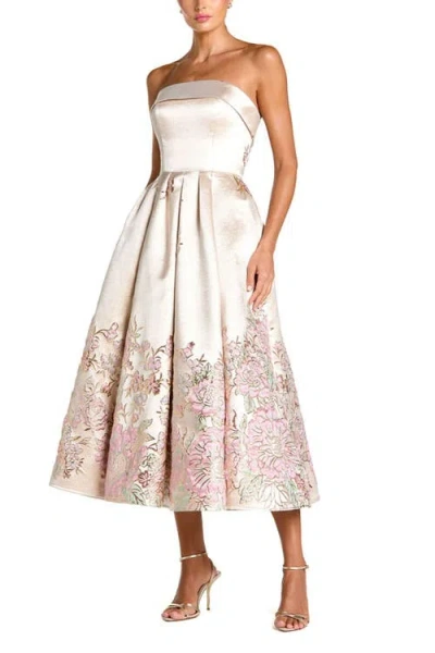 Mac Duggal Strapless Brocade A Line Midi Dress In Neutral