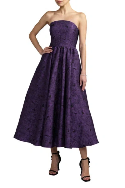 Mac Duggal Strapless Brocade A Line Midi Dress With Pockets In Purple