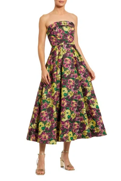 Mac Duggal Strapless Brocade A-line Midi Dress In Multi