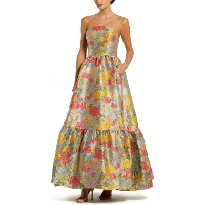 Mac Duggal Strapless Brocade Floral Gown With Ruffle Hem