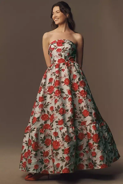 Mac Duggal Strapless Brocade Floral Ruffle-hem A-line Maxi Dress In White