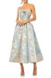 Mac Duggal Strapless Brocade Midi Dress With Pockets In Blue Multi