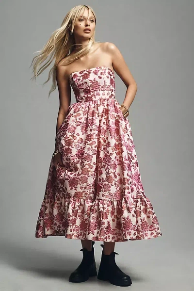 Mac Duggal Strapless Brocade Midi Dress In Pink