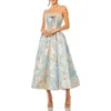 Mac Duggal Strapless Brocade Midi Dress With Pockets In Blue Multi