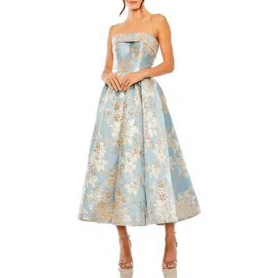 MAC DUGGAL MAC DUGGAL STRAPLESS BROCADE MIDI DRESS WITH POCKETS