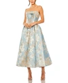 Mac Duggal Strapless Brocade Midi Dress With Pockets In Blue Multi