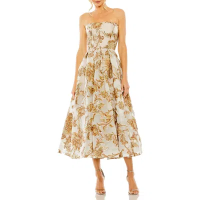 MAC DUGGAL MAC DUGGAL STRAPLESS BROCADE MIDI DRESS WITH POCKETS