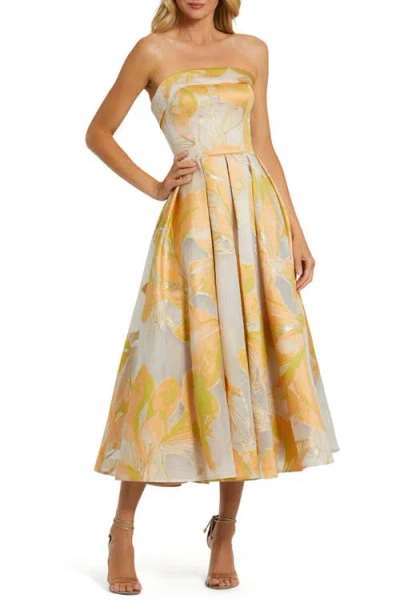 Mac Duggal Strapless Brocade Midi Dress With Pockets In Peach Multi