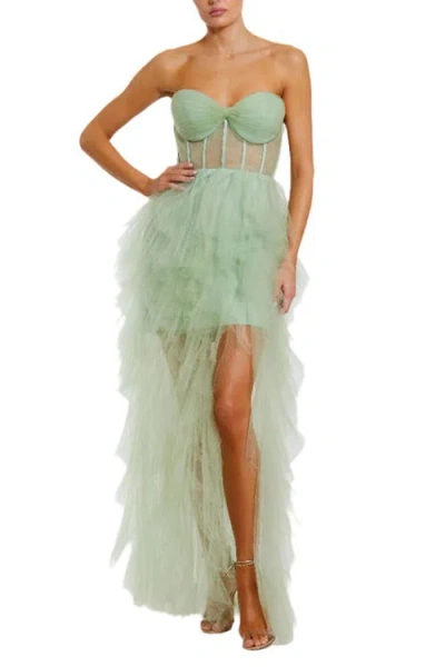 Mac Duggal Strapless Bustier Net Gown With Spiral Ruffles