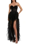 Mac Duggal Strapless Bustier Net Gown With Spiral Ruffles In Black