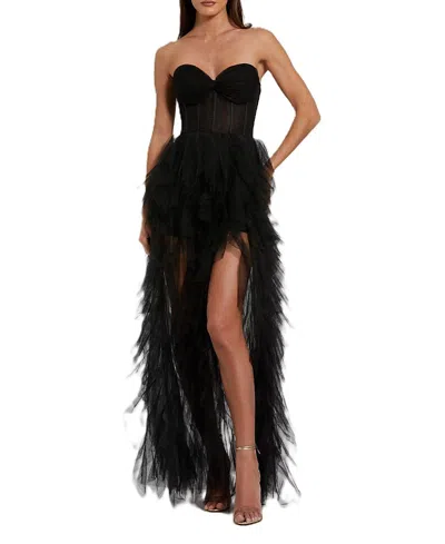 MAC DUGGAL STRAPLESS BUSTIER NET GOWN WITH SPIRAL RUFFLES