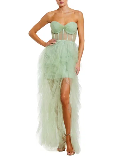 Mac Duggal Strapless Bustier Net Gown With Spiral Ruffles In Green