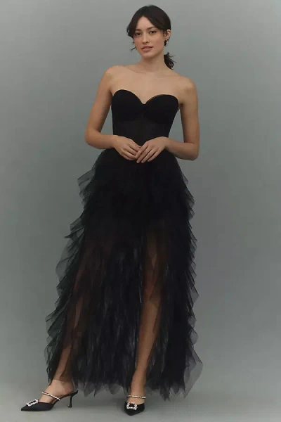 Mac Duggal Strapless Bustier Spiral Ruffle Tulle Side-slit Maxi Dress In Black