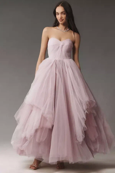 Mac Duggal Strapless Bustier Twist-top Ruffle Ball Gown In Pink