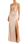 Mac Duggal Strapless Charmeuse Wrap Gown With Cutout Detail In Neutral